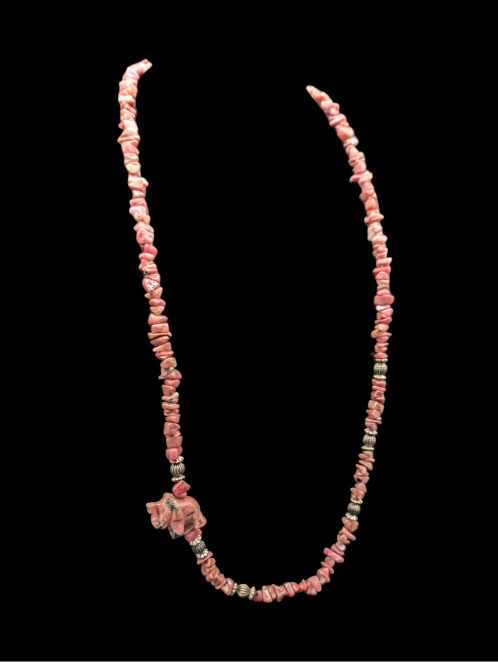 Vintage Carved Elephant Rhodonite Chip Necklace with Silver Beads